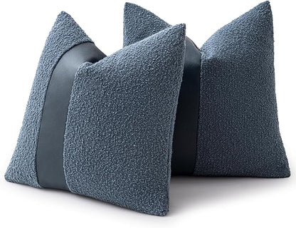 24"x24" Denim Blue Boucle Pillow Covers with Faux Leather Accents Set of 2 Fluffy Textured Decorative Throw Pillow Cases for Couch Bed Boho Farmhouse Square Cushion Covers for Home Décor