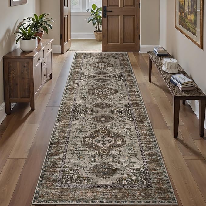Tangsoo 2.6x8 Washable Runner Rug for Hallways, Non Slip Vintage Runner Rug, Soft Low Pile Long Rug Runner, Print Carpet Runners for Kitchen Bedroom Entryway Bathroom Living Room Grey