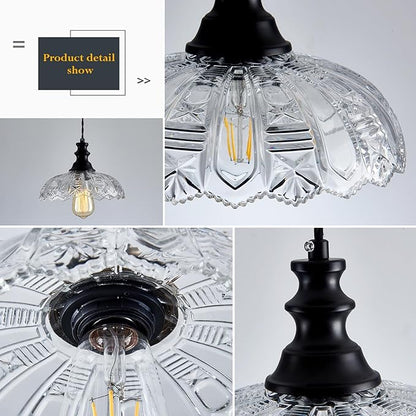 1-Light Pendant Light with Black Metal Glass Shade and Adjustable Cord Industrial Ceiling Hanging Light for Kitchen Island Bar Dining Room Bedroom Foyer Hallway Farmhouse