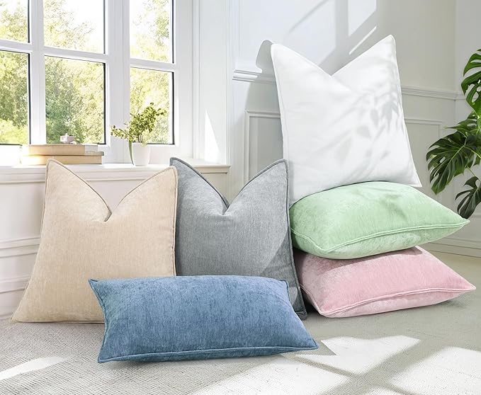 decorUhome Spring Couch Euro Sham Throw Pillow Covers 24x24 Set of 2, Decorative Soft Velvet Neutral Chenille Pillow Covers with Elegant Design for Sofa Bed Living Room Home Decor, Blue Grey