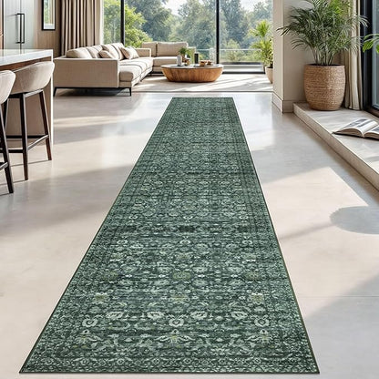 Runner Rug 2.6x18, Dark Green Washable Long Hallway Rug Runner Non-Slip Soft Kitchen Runner Thin Printed Faux Wool Super Soft Carpet for Entryway Bedroom Laundry Room Indoor Home Decor