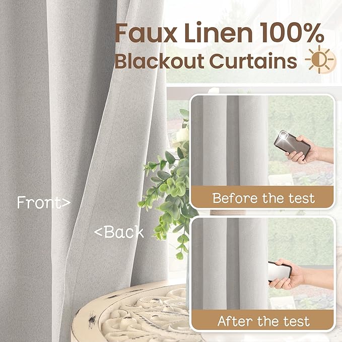 BGment Oatmeal Blackout Curtains for Living Room - 84 Inch Long Linen Textured Thermal Insulated Total Sun Blocking Bronze Grommet Window Drapes for Farmhouse, 2 Panels, 52 x 84 Inch