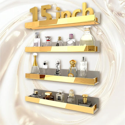 4 Pack 15 Inch Gold Reflective Acrylic Shelves, Gold Foating Shelves, Modern Sunglasses Essential Oil Picture Ledge Display Toy Storage Shelf