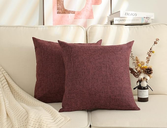 Stellhome Burlap Large Throw Pillow Covers Textured Farmhouse Linen Pillowcase for Bed Couch Sofa Bench Rustic Pillows Neutral Accent Cushion Cases Set of 2, 24 x 24 inch (60 x 60 cm), Burgundy