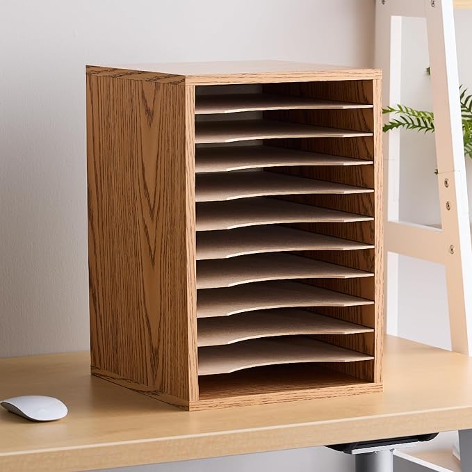 Safco Vertical Desktop Sorter, Wooden Paper Organizer for Home Office and Classroom, 11 Adjustable, Letter-Size Compartments, Medium Oak