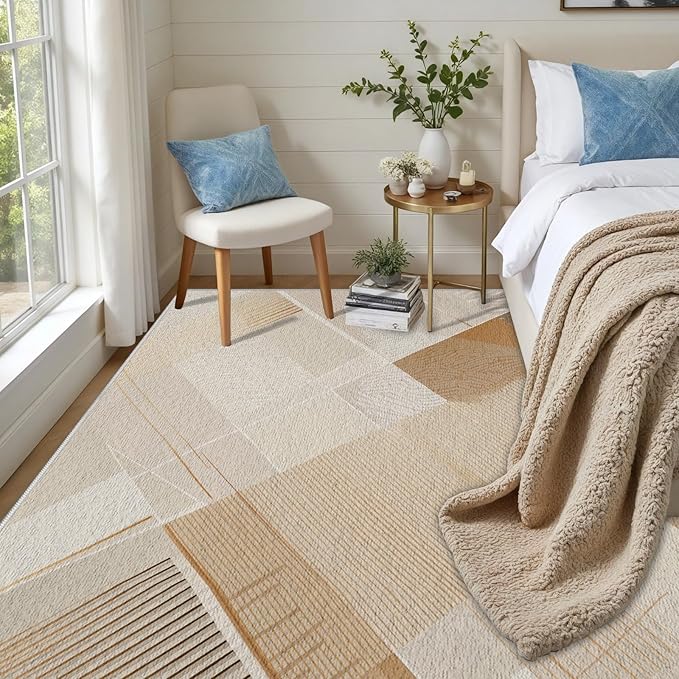 Minimalist Abstract Area Rug 4x6 Brown Boho, Modern Washable Stripe Art Rugs, Soft Non-Slip Low-Pile Carpet for Living Room, Bedroom, Kitchen, Dining Room, Pet Friendly, Non-Shedding, Beige