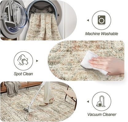 5x7 Area Rugs Brown Pink Low Pile Indoor Washable Trendy Faded Style Rugs for Bedroom Living Room Dining Room Foldable Non-Slip Thin Print Mat