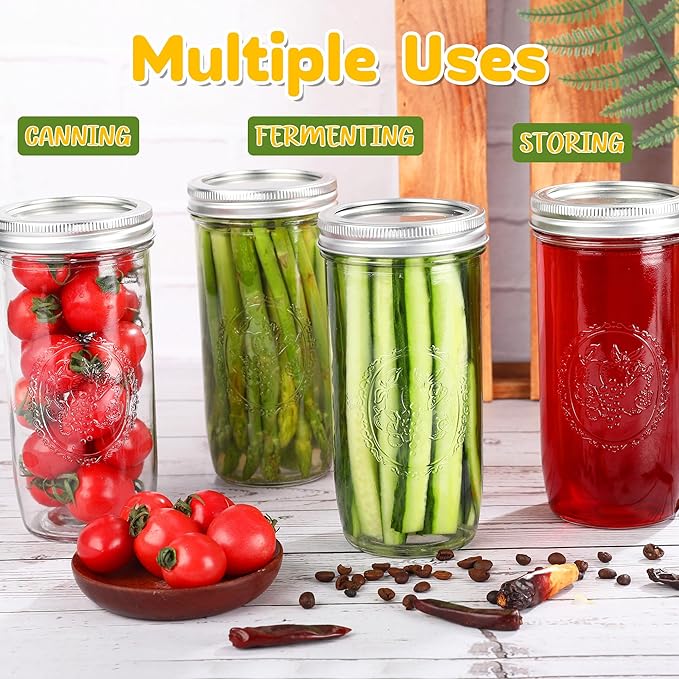 Mason Jars Wide Mouth 24oz - 8 pack Glass Pickle Canning Jars Food Storage With Airtight Mason Jar lids and Bands for Canning, Preserving, Fermenting, Pickling, DIY Projects