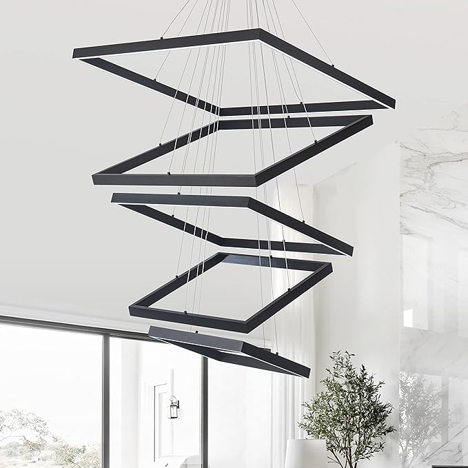 Square Led Chandelier Modern Hanging Light 5-Rings Contemporary Ceiling Pendant Light Dimmable Pendant Light for Living Room Kitchen Dining Room 15.7"+19.6"+23.6"+27.5"+31.4" Black 110V 180W