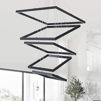 Square Led Chandelier Modern Hanging Light 5-Rings Contemporary Ceiling Pendant Light Dimmable Pendant Light for Living Room Kitchen Dining Room 15.7"+19.6"+23.6"+27.5"+31.4" Black 110V 180W