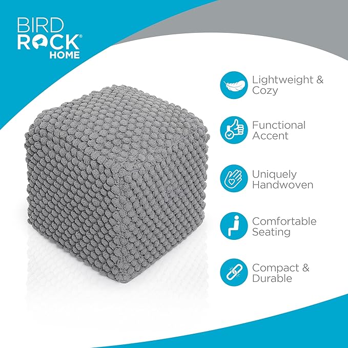 BIRDROCK HOME Buds Pouf Foot Stool Ottoman - Knit Bean Bag Floor Chair - Cotton Braided Cord - Great for The Living Room, Bedroom and Kids Room - Small Furniture (Grey - Buds)
