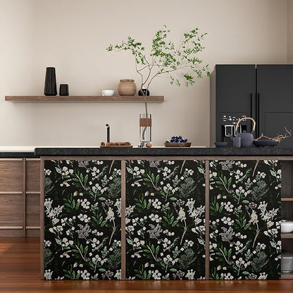 Dark Floral Wallpaper Peel and Stick Green Leaf Wallpaper Vintage Flowers Contact Paper Waterproof Self Adhesive Boho Delicate Wall Paper for Cabinet Kitchen Walls Locker 17.5in x32.8ft