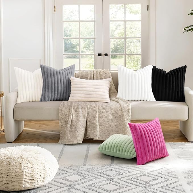 decorUhome Faux Fur Spring Throw Pillow Covers 20x20 Set of 2, Decorative Soft Plush Striped Neutral Couch Pillow Covers with Velvet Back for Sofa, Bed, Living Room Home, Hot Pink