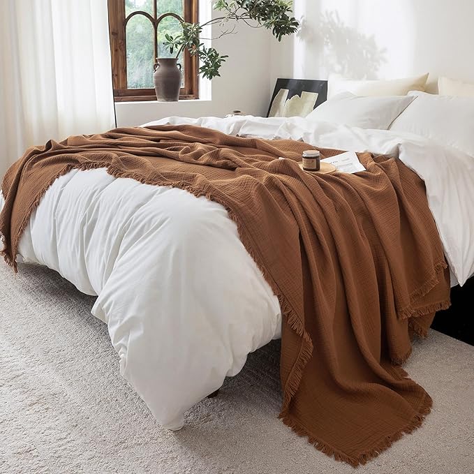 FOSSA Muslin Blanket with Fringe - 4-Layer 100% Cotton Gauze Super Soft & Breathable Throw -Lightweight Decorative Cooling Blanket for Bed, Sofa, Office (Dark Orange, Super King (108" × 98"))