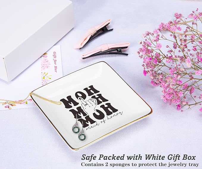 NZY Maid of Honor Proposal Gifts from Bride-Wedding Gifts for Bridesmaid-Bachelorette Party Present for Her Besties Friends Women-Jewelry Tray Trinket Holder Ring Dish-Will You Be My Maid of Honor