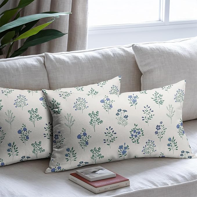 Blue Green Block Print Pillow Covers 12x20 Set of 2 Decorations Vintage Floral Throw Pillow Covers Decor Rustic Pillowcases Flower Pattern Farmhouse Cozy Soft for Sofa Bed Chair Home Decorative