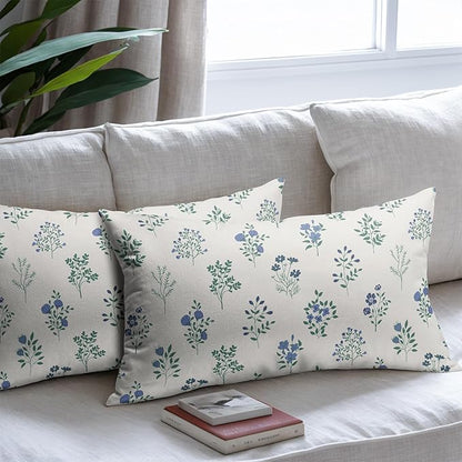 Blue Green Block Print Pillow Covers 12x20 Set of 2 Decorations Vintage Floral Throw Pillow Covers Decor Rustic Pillowcases Flower Pattern Farmhouse Cozy Soft for Sofa Bed Chair Home Decorative