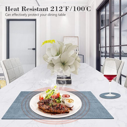 Faux Leather Placemats Set of 6,Heat Resistant Placemats for Dining Table, Easy Clean Non-Slip Place Mats, Waterproof Stain Resistant Wipeable Washable PU Table Mats, (Blue)