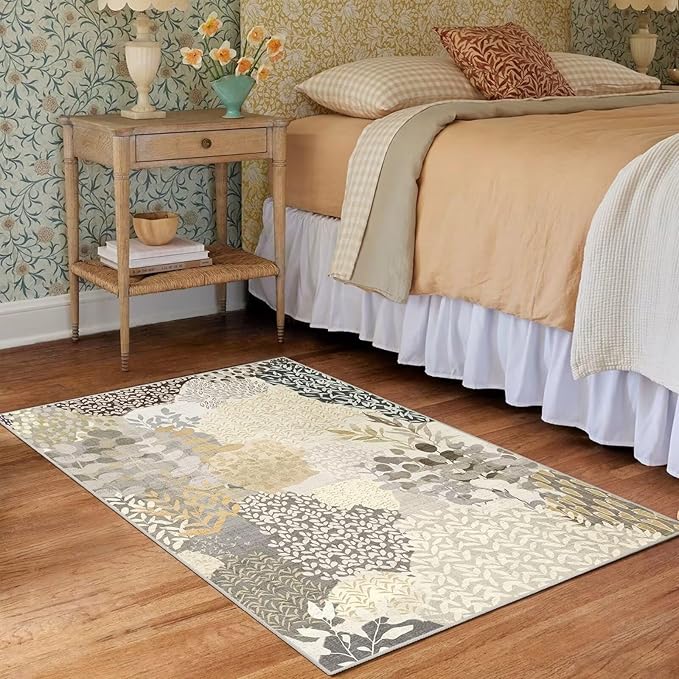 DEXDE 2x3 Area Rug, Small Boho Rugs Entryway Doormat Indoor Machine Washable Non-Slip Abstract Botanical Leaves Floral Print Floor Carpet for Living Room Bedroom Office Playroom, Gray