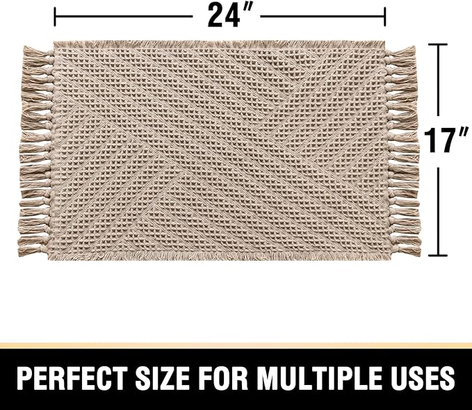 H.VERSAILTEX Waffle Bath Mat Super Absorbent Boho Bath Mat Non Slip Bath Rugs for Bathroom Floor Machine Washable Dry Fast Bathroom Rugs with Handmade Tassels, 17" x 24", Irish Cream
