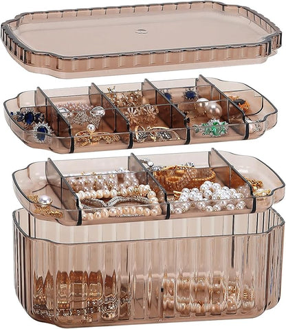 LETURE 3-Layer Jewelry Organizer Box for Earrings, Rings, Necklaces, Bracelets, Clear Plastic Bead Storage Containers for Crafts (Coffee)