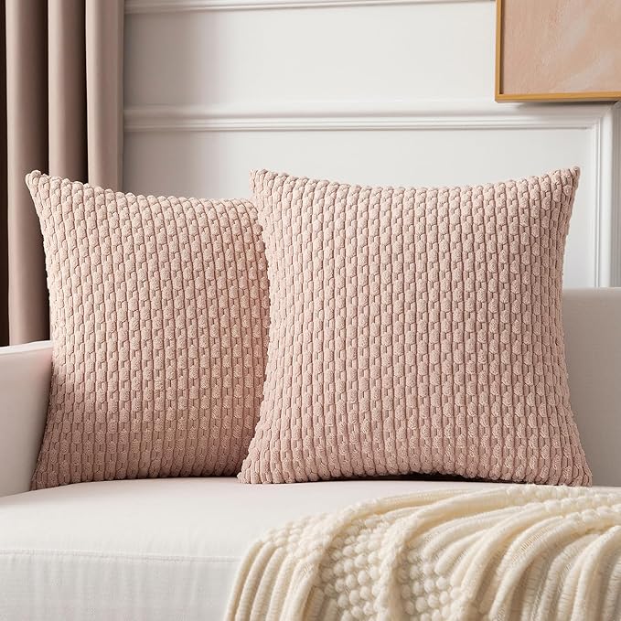 Kevin Textile Pack of 2 Corduroy Decorative Throw Pillow Covers 18x18 Inch Soft Boho Striped Pillow Covers Modern Home Decor Valentines Day Gifts for Spring Sofa Living Room Couch Bed Light Pink