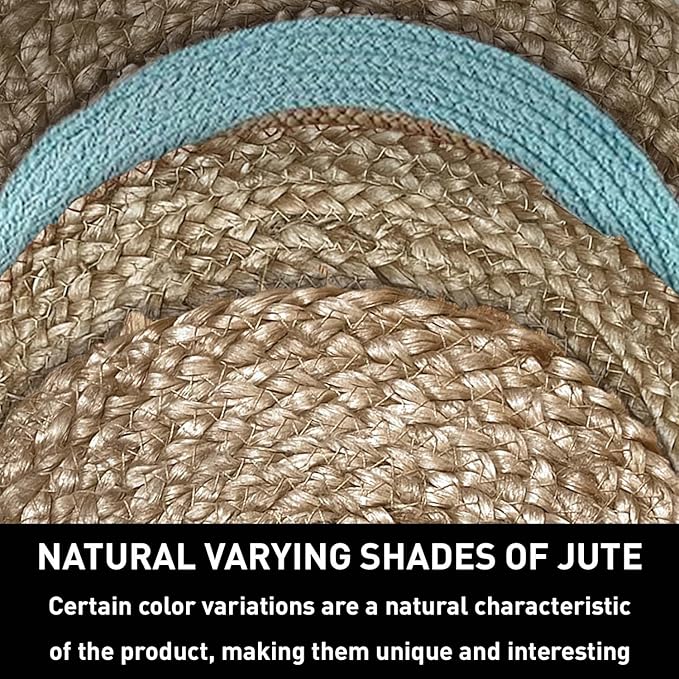 Chardin home Round Verona Woven Jute & Cotton Braided PLACEMAT (Set of 4), Size -15” Round, Color - Natural Jute with Aqua Blue Border.