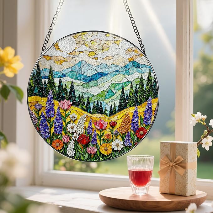 8-Inch Stained Glass Ornament, Stained Glass Window Hanging, Window Hanging Decor Suncatcher, Mountain Wildflower Ornament | Christmas, Mother’s Day, Birthday | Nature Art Gift, Gifts for Mom, Grandma