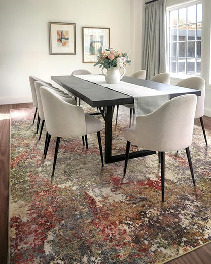 Washable Area Rug for Living Room: 10X14 Modern Abstract Neutral Soft Rug for Bedroom Dining Room No Slip Low Pile Carpet for Nursery Home Office - Red/Ivory