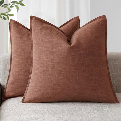 Foindtower Pack of 2, Decorative Linen Soild Throw Pillow Covers Soft Accent Euro Cushion Case Boho Farmhouse Pillowcase for Chair Couch Sofa Bedroom Living Room Home Decor 22 x 22 Inch Rust Red