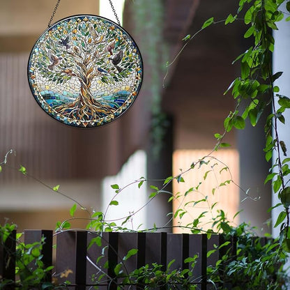 Tree of Life with Birds Sun Catcher RVEAFA Stained Glass Window Hanging Birds Lover Gifts for Women Wall Decor Handmade Sun Catcher Decoration for Garden Home Housewarming Gifts（20 * 20cm