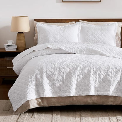 WDCOZY 100% Pre-Washed Cotton Oversized King Size Quilt Set - White California Cal King Soft Lightweight Bedspread, Textured Like Linen, Farmhouse Country Rustic Coverlet, Diamond Stitch Bedding