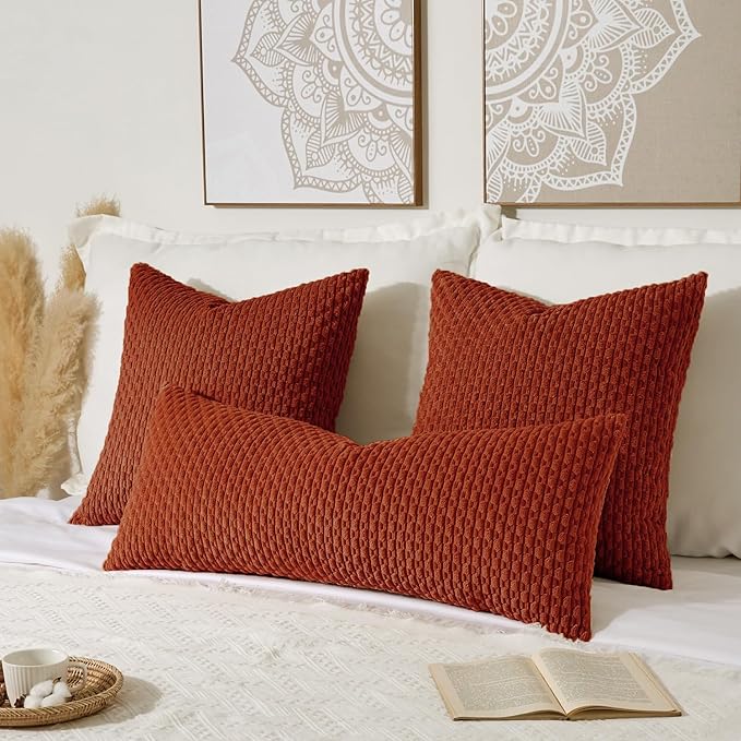 Kevin Textile Fall 14x36 Inch Long Lumbar 1 Pack Boho Decorative Throw Pillow Cover Soft Striped Corduroy Rectangle Cushion Case Farmhouse Solid Accent for Living Room Couch Sofa Bed, Burnt Brick
