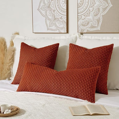 Kevin Textile Fall 14x36 Inch Long Lumbar 1 Pack Boho Decorative Throw Pillow Cover Soft Striped Corduroy Rectangle Cushion Case Farmhouse Solid Accent for Living Room Couch Sofa Bed, Burnt Brick