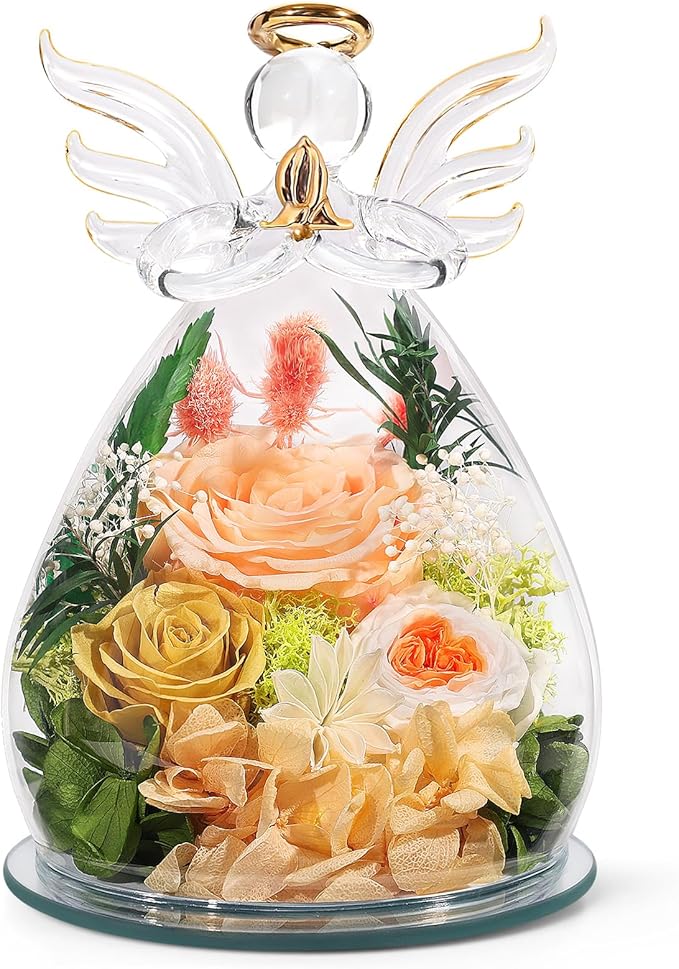 Gifts for Mom Birthday Gifts for Women Preserved Rose Forever Flower in Glass Angel Figurines Fresh Flowers for Delivery Mothers Day Anniversary Real Colorful Roses for Grandma Her Wife from Daughter
