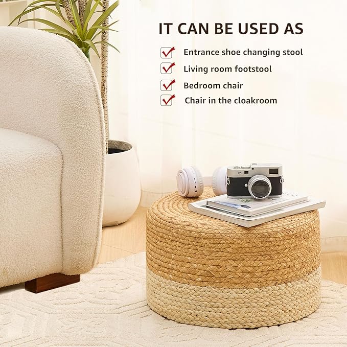 Wimarsbon Round Pouf Ottoman, Natural Hand Knitted Footrest Poof, Rustic Lounge Pouffe, Boho Pous Foot Stool, Accent Table or Seat (Natural Water Hyacinth + White Corn Husk, 17.7 * 17.7 * 9.84)
