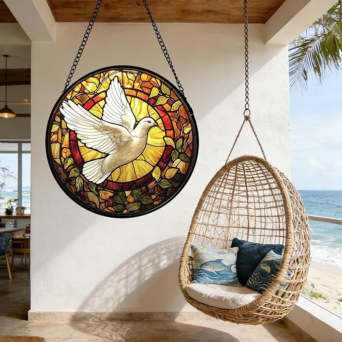 DASTOLL Stained Glass Window Hanging, Flying White Dove Sun Catchers Diamond Glass Panel Hangings Cute Birds Suncatcher Decor for Birthday for Women, Men, Wife, Aunt, and Mom 11.8 in