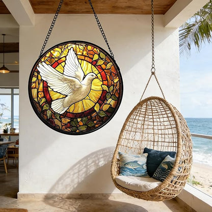 DASTOLL Stained Glass Window Hanging, Flying White Dove Sun Catchers Diamond Glass Panel Hangings Cute Birds Suncatcher Decor for Birthday for Women, Men, Wife, Aunt, and Mom 14.9 in