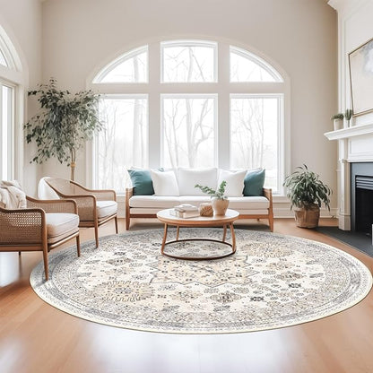 zesthome Washable Round Area Rugs - Non-Slip 6ft Round Rugs, Ultra-Thin Large Circle Rugs for Living Room, Soft Low Pile Rug for Bedroom, Kitchen, Nursery - Vintage Stain Resistant Round Rug