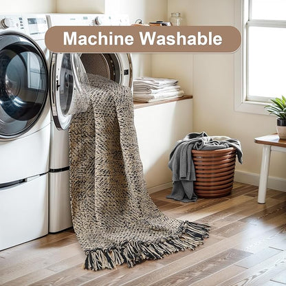 Collive 4x6 Area Rug, Natural/Black Woven Cotton Washable Modern Bedroom Rugs, Boho Dining Room Door Rug Carpet with Tassel for Living Room Nursery Room Office, Outdoor Rug for Patio Hallway Decor