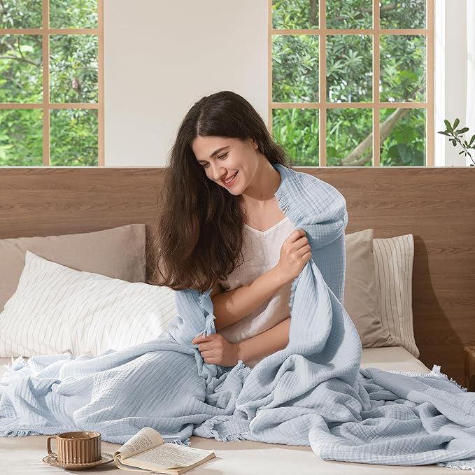 MooMee Muslin Blanket - 100% Cotton 4-Layer Gauze Throw Blanket with Tassels Ultra-Soft Breathable Lightweight Cooling for Bed Couch (Dusty Blue,Throw 60" x 50")