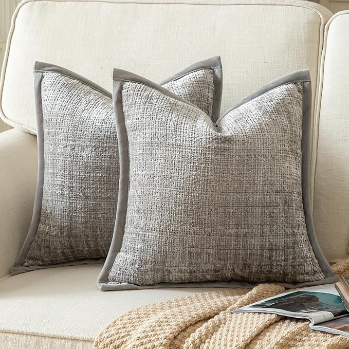 Yaertun Pack of 2 Chenille Textured Decorative Throw Pillow Covers Accent Solid Cushion Cover Soft Cozy Pillow Case with Velvet Back for Couch Sofa Bed Living Room 18x18 Inch Light Grey