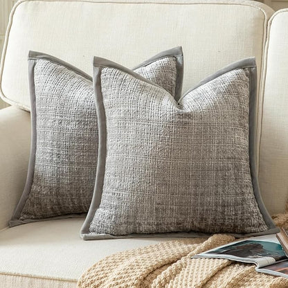 Yaertun Pack of 2 Chenille Textured Decorative Throw Pillow Covers Accent Solid Cushion Cover Soft Cozy Pillow Case with Velvet Back for Couch Sofa Bed Living Room 16x16 Inch Light Grey