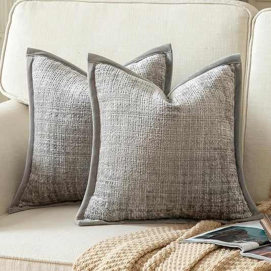 Yaertun Pack of 2 Chenille Textured Decorative Throw Pillow Covers Accent Solid Cushion Cover Soft Cozy Pillow Case with Velvet Back for Couch Sofa Bed Living Room 16x16 Inch Light Grey