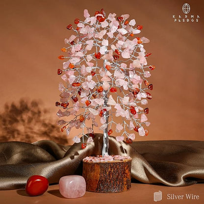 Healing Crystals Chakra Tree of Life for Positive Energy & Protection & Good Luck, Money, Feng Shui Decor for Home and Office Desk Decoration, Spiritual Gifts (Rose, Carnelian Dual Beads)