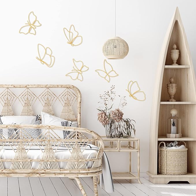 Hotop 6 Pieces Metal Butterfly Wall Decor Metal Wall Art Heart Hanging Decorations Wire Flowers Decals Decor for Kitchen Bathroom Indoor Outdoor Wedding Birthday Party(Classic,Gold)