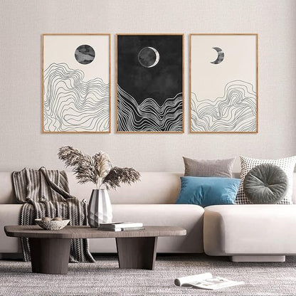 HLNIUC Black and White Abstract Wall Art Set of 3, Large Boho Framed Canvas Decor(16x24), Modern Celestial Sun Moon Painting, Geometric Line Mountain Art Print for Living Room, Bedroom, Office