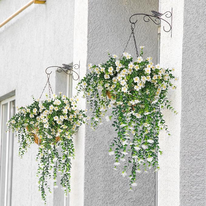 RECUTMS Artificial Flowers for Outdoors Fake Hanging Flowers Plants 4 Pcs UV Resistant Silk Daisy Flower Realistic Faux Trailing Vine for Wall Yard Porch Balcony Indoor Outdoor Planters (White)