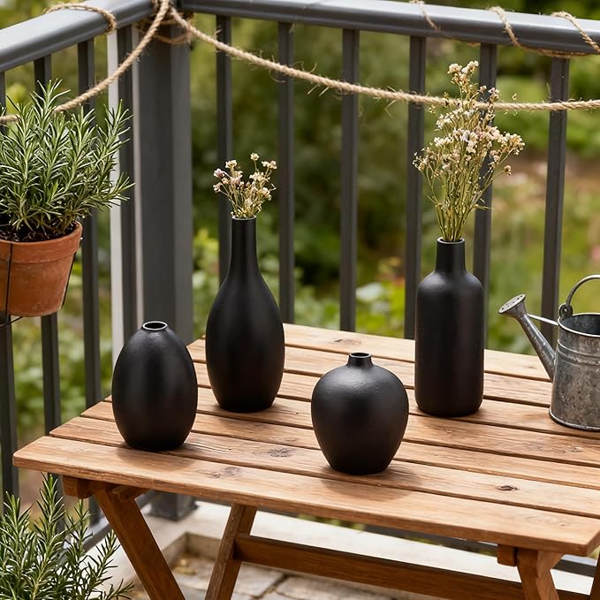 Black Ceramic Flower Vase Set of 4, Modern Farmhouse Decorative Vases for Bookshelf, Dining Room Coffee Console Table Centerpieces
