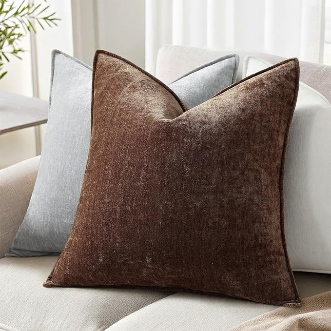 decorUhome Spring Couch Throw Pillow Covers 16x16 Set of 2, Decorative Soft Velvet Neutral Chenille Pillow Covers with Elegant Design for Sofa Bed Living Room Home Decor, Dark Brown